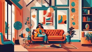 Een stijlvolle vrouw en man zitten op een vintage bank in een retro woonkamer.