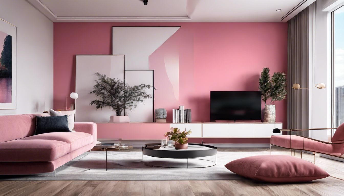 Een eigentijdse woonkamer met roze accentmuur en modern meubilair.