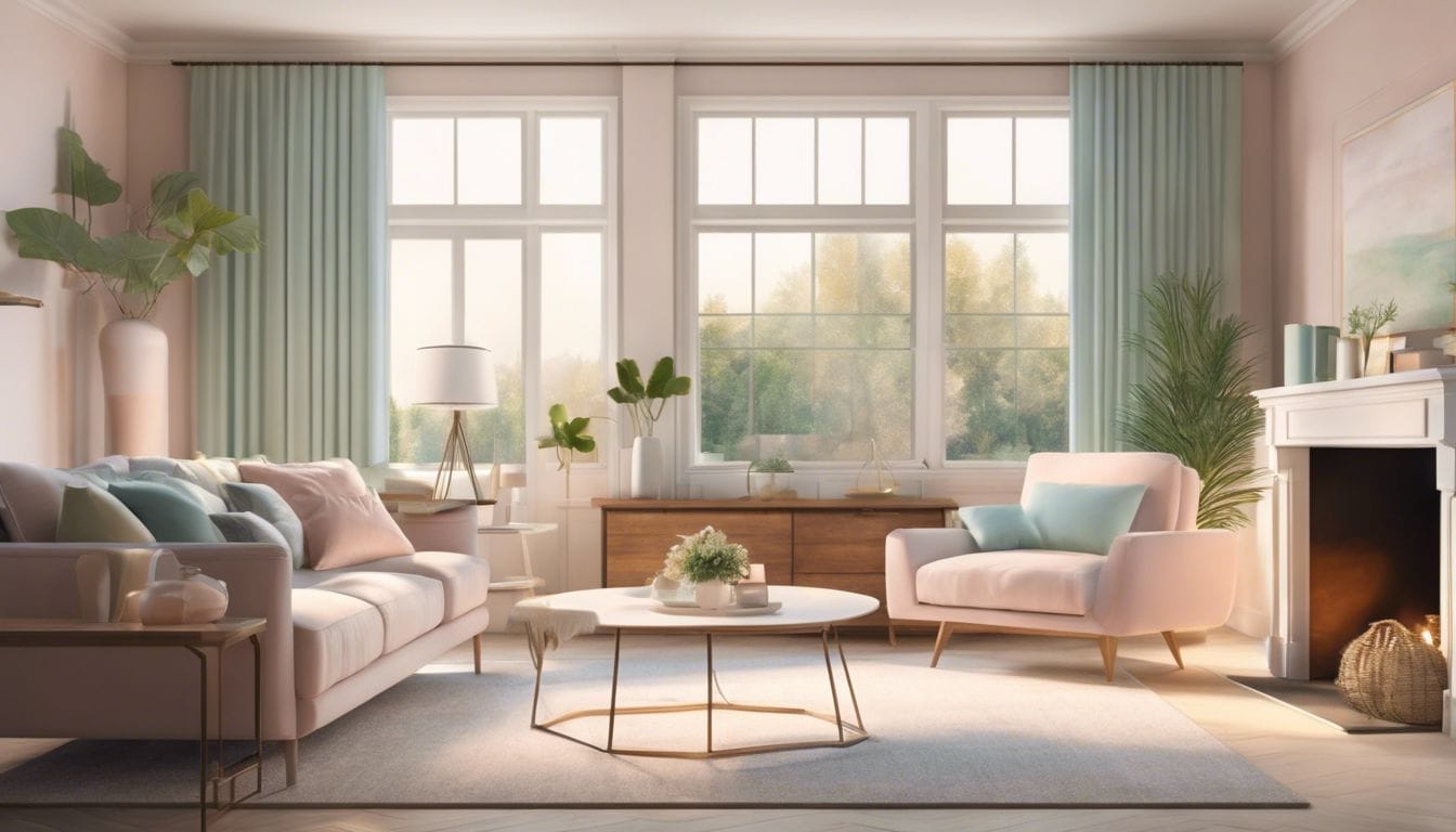 Een rustige woonkamer met zachte kleuren en comfortabele meubels.