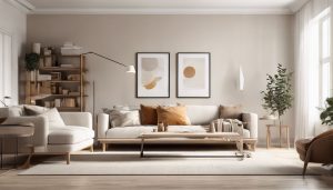 Een comfortabele, gezellige woonkamer met Scandinavisch design en natuurlijke elementen.