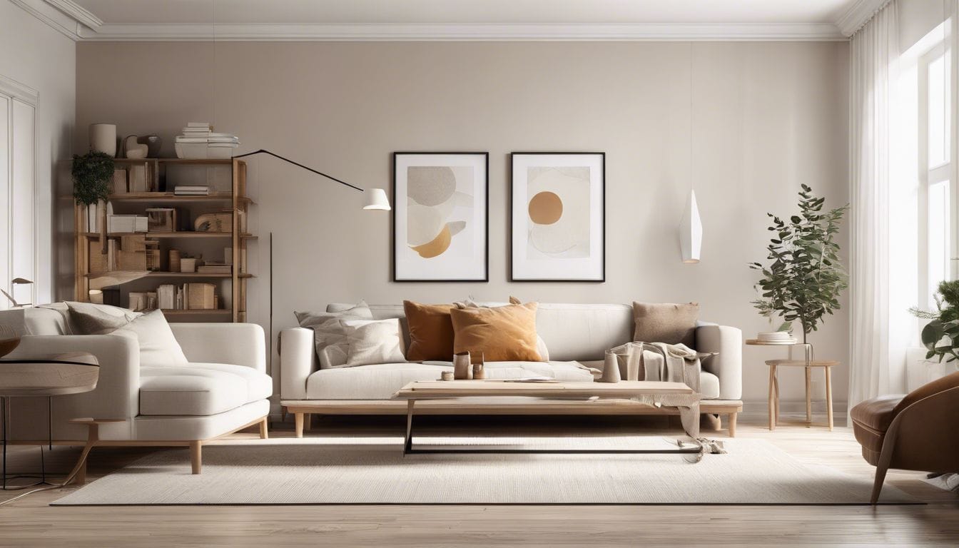 Een comfortabele, gezellige woonkamer met Scandinavisch design en natuurlijke elementen.