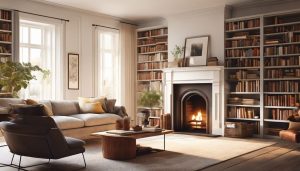 Een comfortabele woonkamer met een gezellige open haard en uitnodigende sfeer.