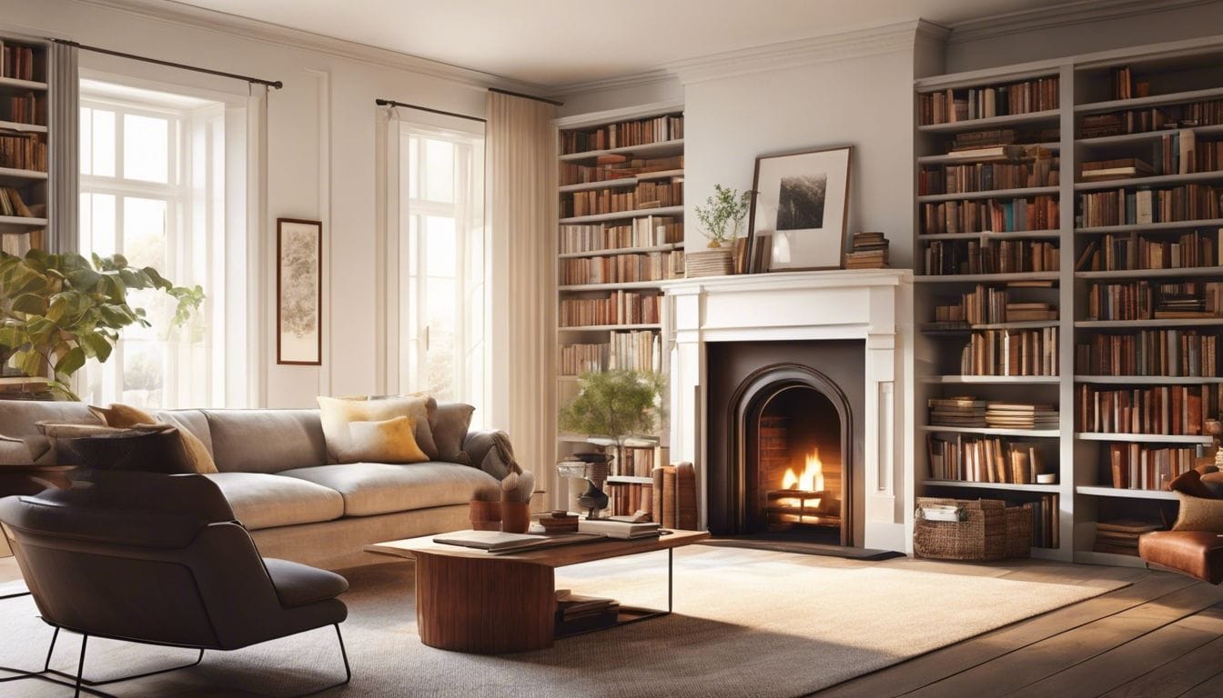 Een comfortabele woonkamer met een gezellige open haard en uitnodigende sfeer.