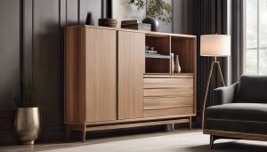 Een slank, hoog houten kast in een modern woonkamerontwerp.