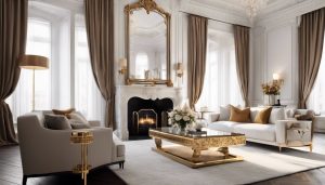 Een stijlvolle woonkamer met elegante meubels en een grote sierlijke spiegel.