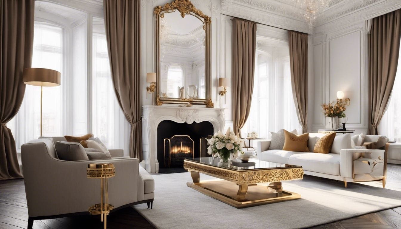 Een stijlvolle woonkamer met elegante meubels en een grote sierlijke spiegel.