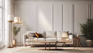 Een comfortabele woonkamer met stijlvolle vloerlamp en gezellige fauteuil.