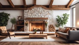 Een gezellige woonkamer met stenen muur, open haard en rustieke meubels.