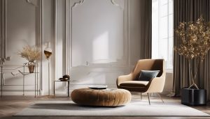 Moderne stoel in stijlvolle woonkamer met minimalistische inrichting.