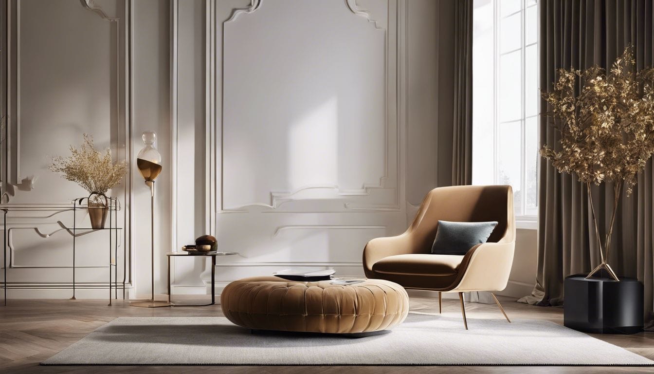 Moderne stoel in stijlvolle woonkamer met minimalistische inrichting.