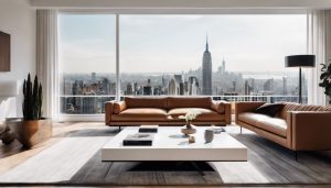 Een moderne en stijlvolle salontafel in een trendy woonkamer met stadsfotografie.