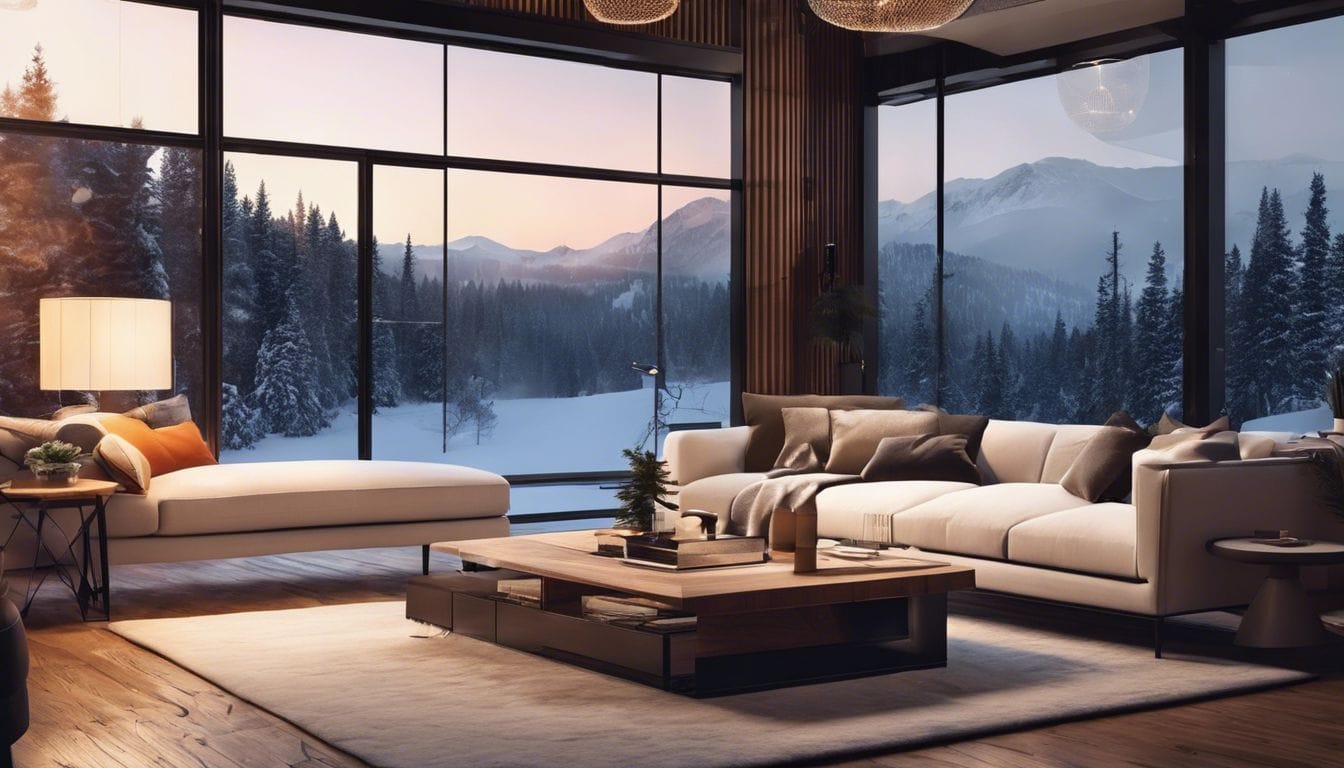 Een gezellige woonkamer met open haard en uitzicht op besneeuwd landschap.