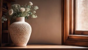 Een rustieke terracotta vaas op een houten plank in een gezellige woonkamer.
