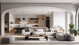 Een stijlvolle en moderne open-concept woonkamer met elegant meubilair en hedendaagse decoratie.