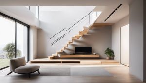 Een strakke moderne trap leidt naar een ruime woonkamer.