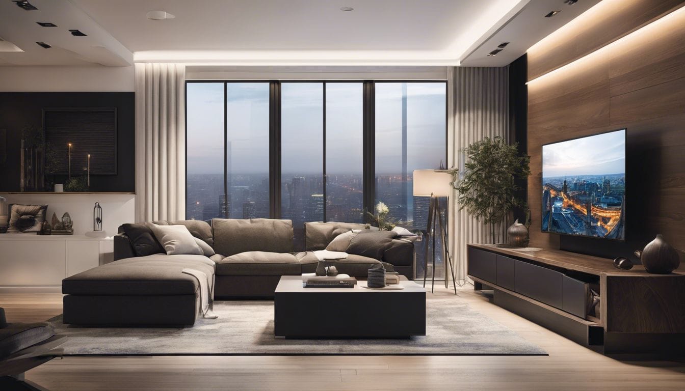 Een comfortabele woonkamer met een moderne tv-hoek en gezellige sfeer.