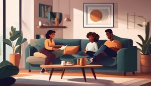 Een gezin zit comfortabel op de bank en kijkt TV.