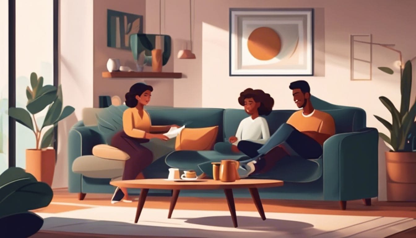 Een gezin zit comfortabel op de bank en kijkt TV.