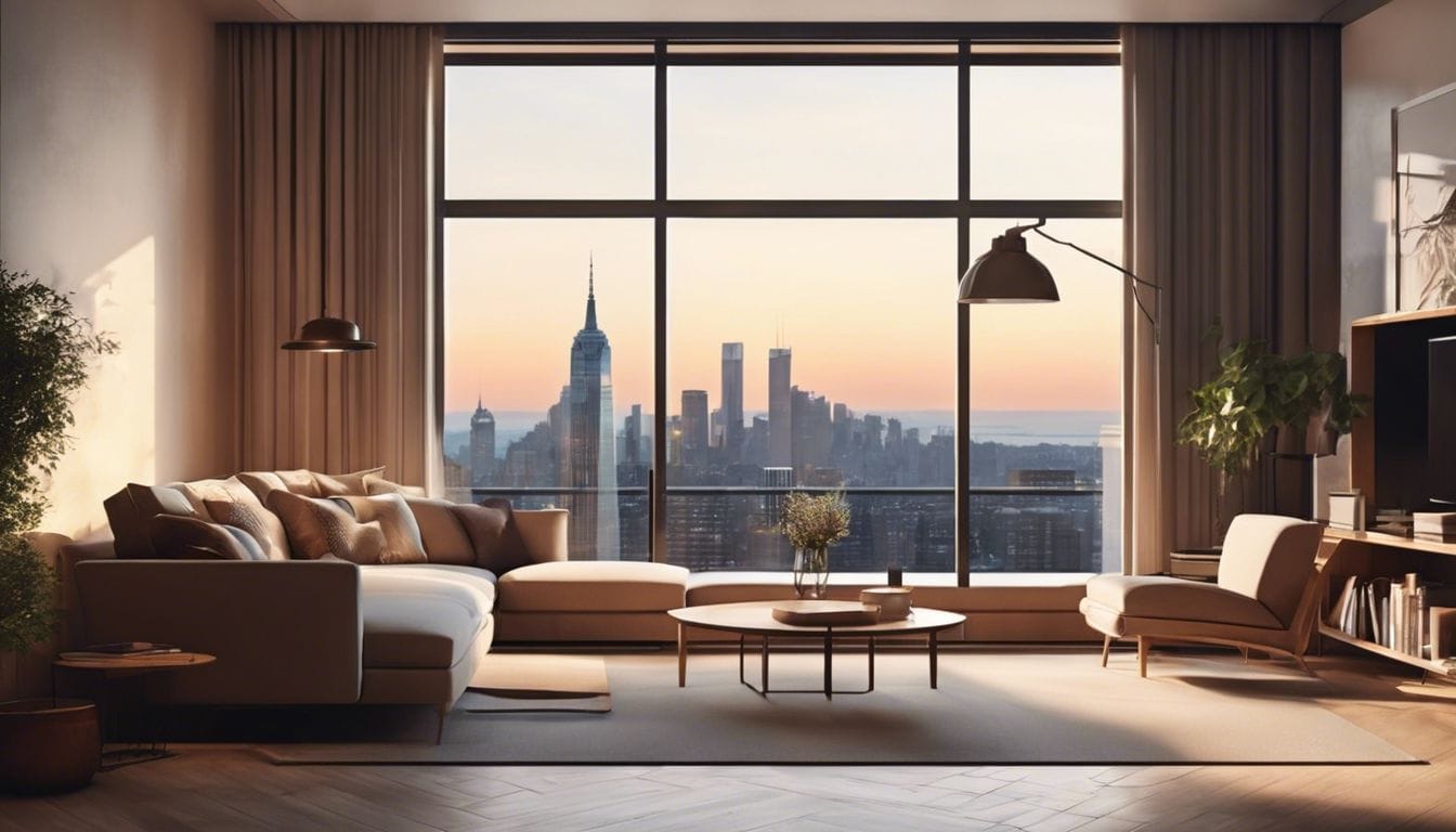 Een ruime woonkamer met een gezellige leeshoek bij het raam, met uitzicht op de stadsgezicht.