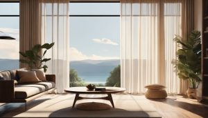 Een open raam met wapperende gordijnen in een zonovergoten woonkamer.