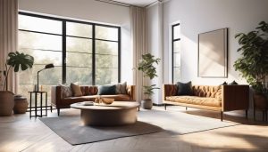 Een ruime woonkamer met stijlvolle inrichting en herringbone vloer.