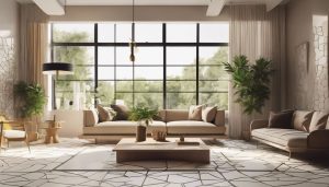 Een kamer met moderne tegelvloer, stijlvol meubilair en natuurlijke fotografie.