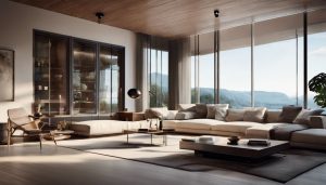 Een stijlvolle woonkamer met modern meubilair en een glazen vouwwand.