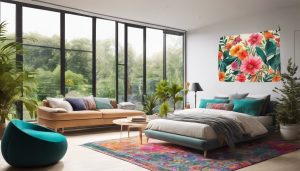 Een kleurrijk, botanisch wandtapijt in een moderne woonkamer.