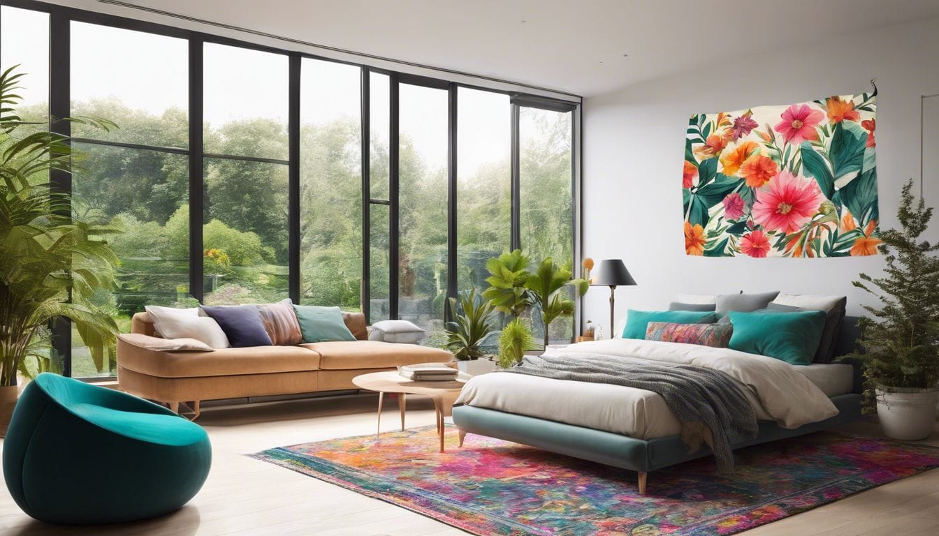 Een kleurrijk, botanisch wandtapijt in een moderne woonkamer.