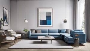 Een eigentijdse woonkamer met strakke, wandgemonteerde meubels en abstracte kunst.