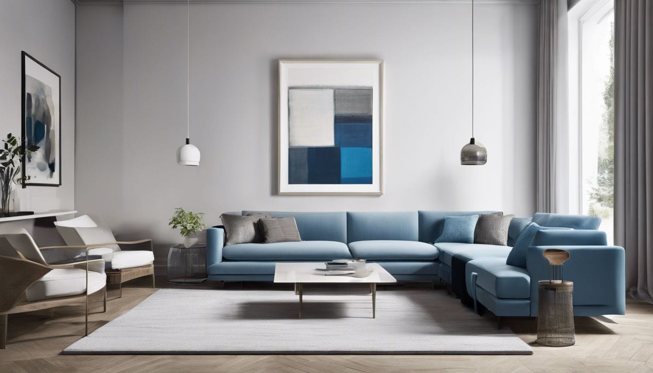 Een eigentijdse woonkamer met strakke, wandgemonteerde meubels en abstracte kunst.