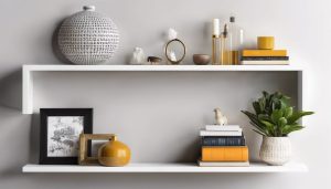 Een verscheidenheid aan stijlvolle decoratieve items op zwevende wandplanken.