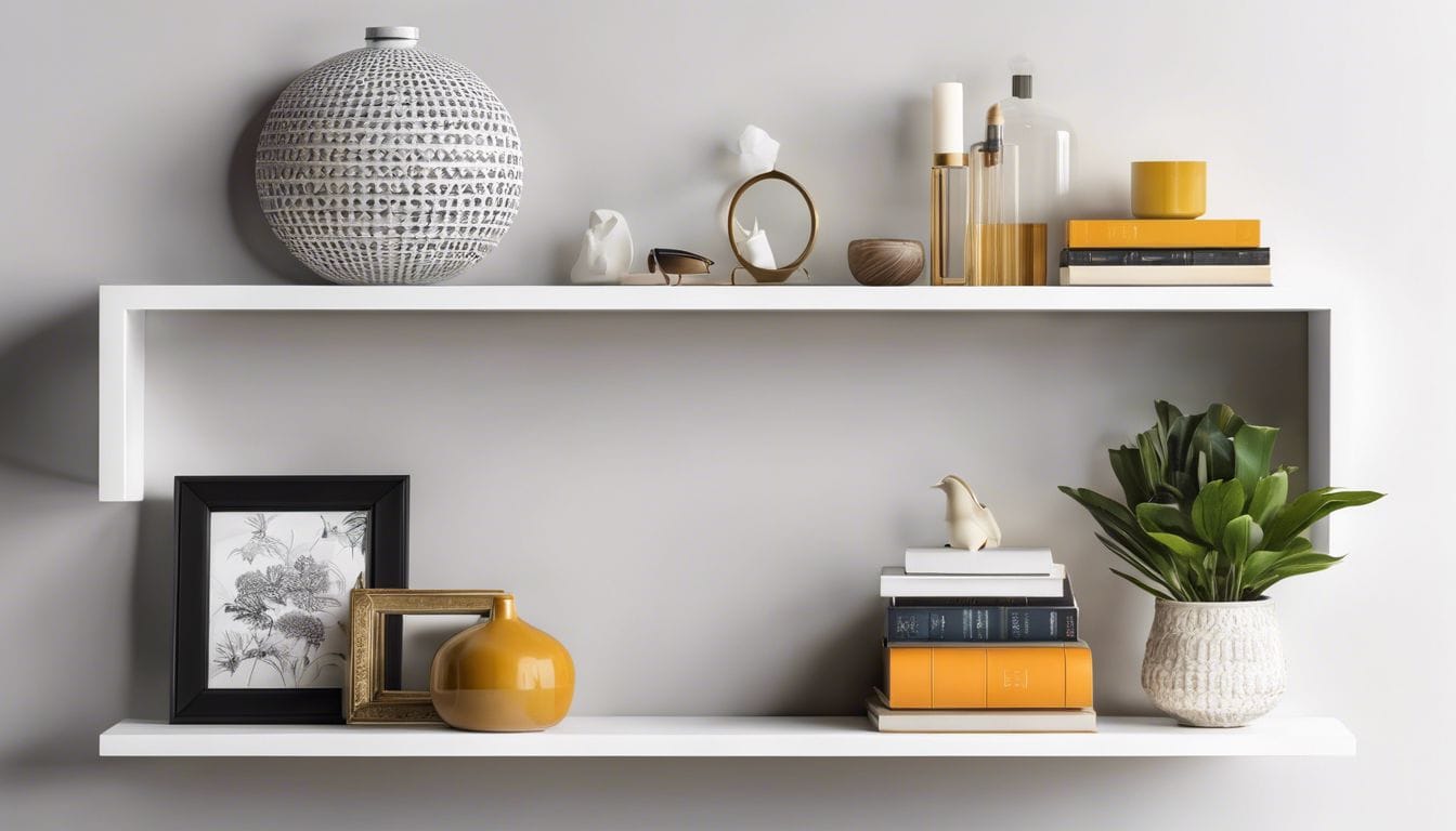 Een verscheidenheid aan stijlvolle decoratieve items op zwevende wandplanken.