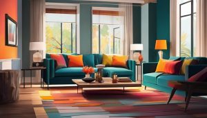 Een levendig abstract schilderij siert de muur in de woonkamer.