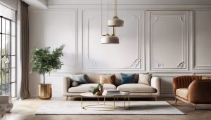 Mooi ontworpen woonkamer met stijlvolle muurtegels en elegante meubels.