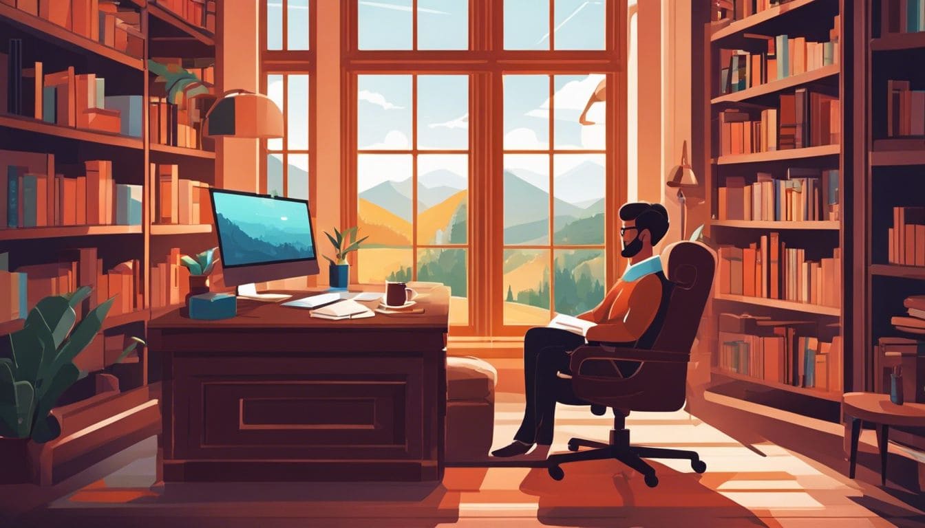 Een persoon zit comfortabel aan een bureau in een lichte woonkamer.