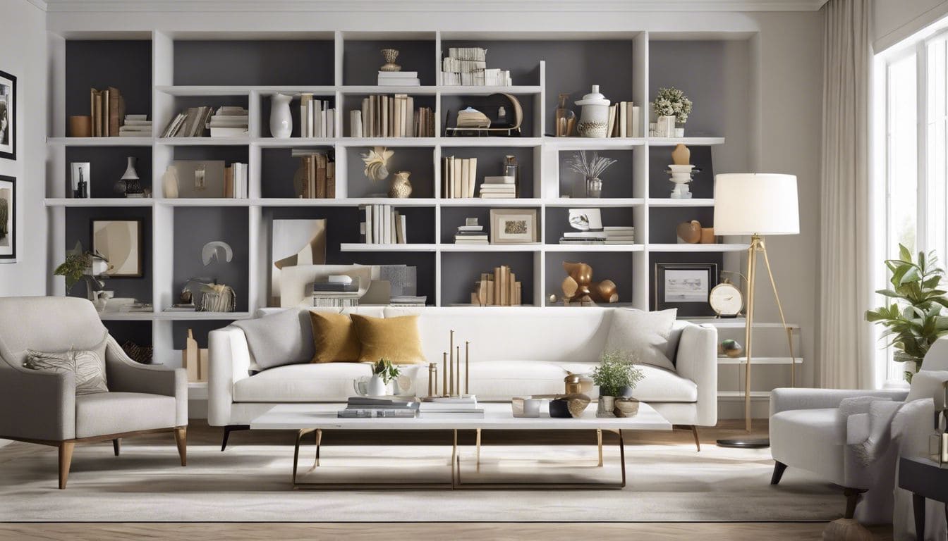 Een witte boekenkast in een goed verlichte woonkamer, met verschillende decoratieve items.