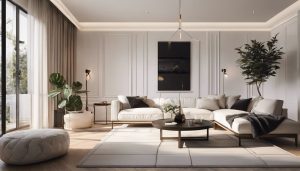 Een comfortabele woonkamer met een witte bank en stijlvolle decoratie.