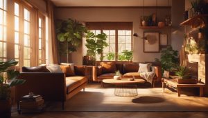 Een gezellige woonkamer met warme tinten, natuurlijke elementen en comfortabele meubels.