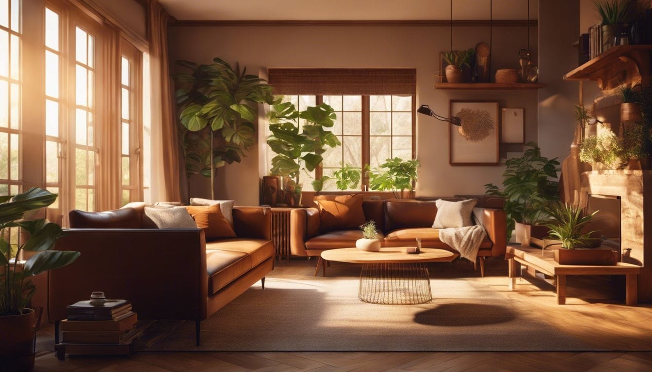 Een gezellige woonkamer met warme tinten, natuurlijke elementen en comfortabele meubels.