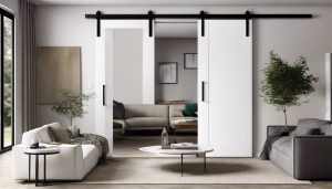 Een strakke schuurdeur in een eigentijdse woonkamer met nadruk op modern design en minimalistische uitstraling.