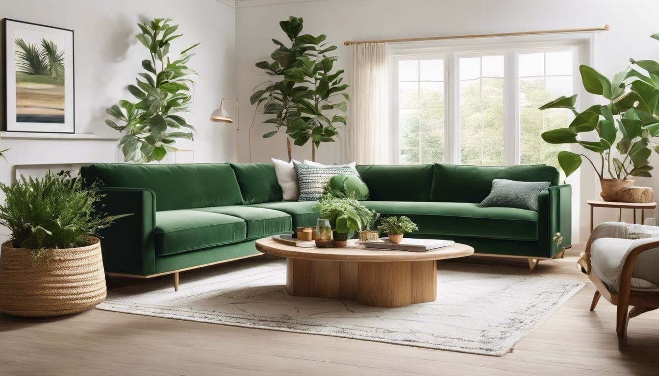 Een comfortabele woonkamer met groene bank, planten en natuurlijke verlichting.