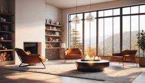 Een comfortabele woonkamer met warme kleuren en zachte texturen.