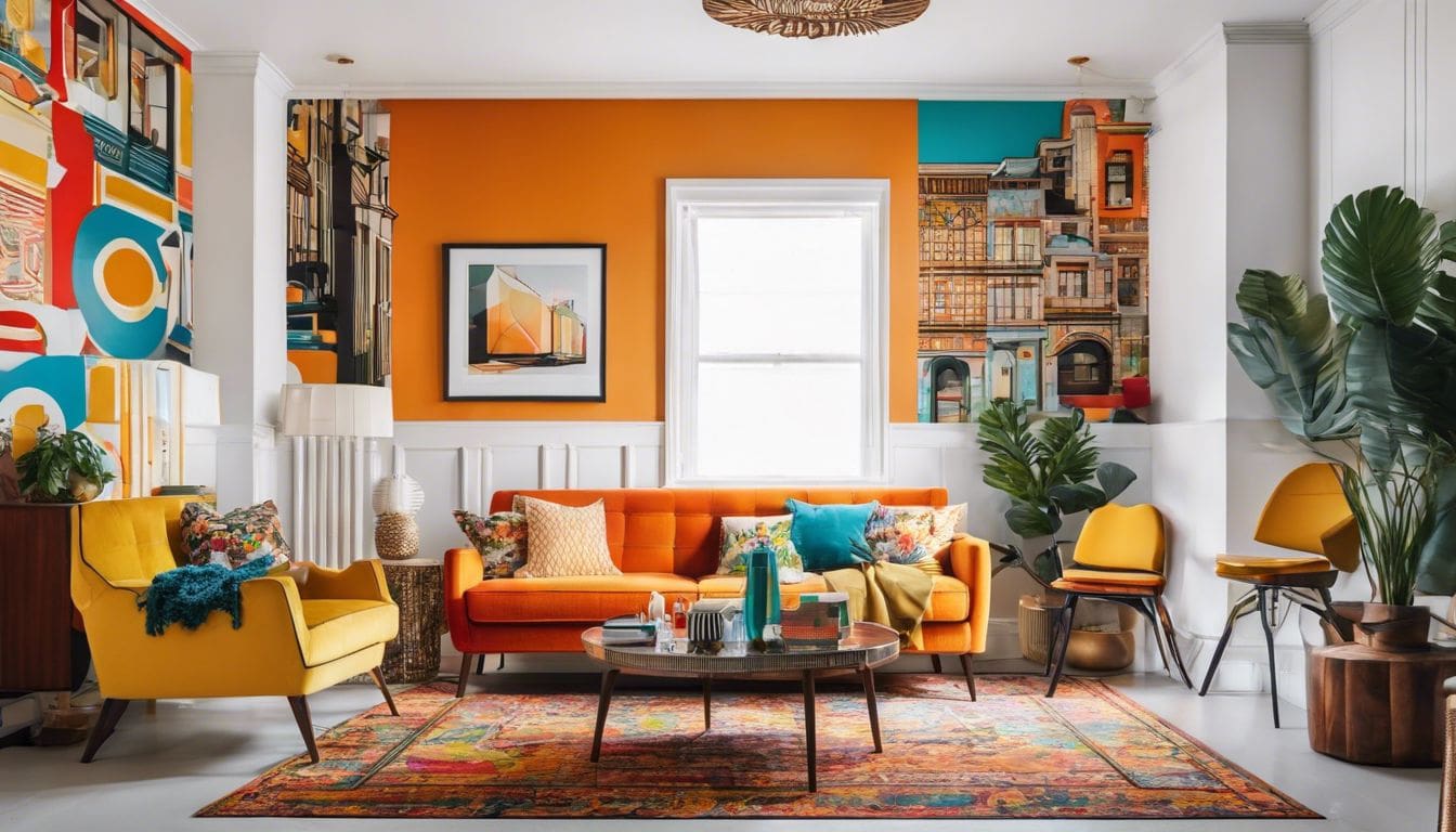 Een retro woonkamer met levendige kleuren, patronen en stadsgezichtfotografie.