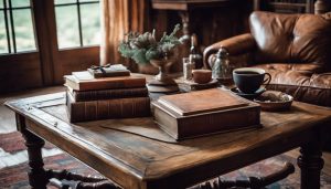 Een rustieke houten salontafel met vintage decoraties en comfortabele lederen fauteuils.