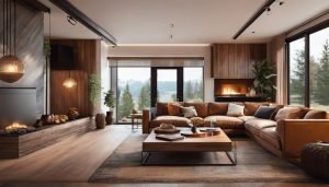 Een comfortabele woonkamer met gezellige open haard en warme kleuren.