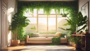 Een levendige groene kamerplant in een lichte woonkamer.