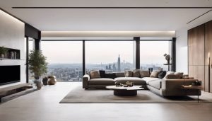 Een grote woonkamer met moderne inrichting en panoramisch uitzicht.