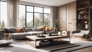 Een moderne woonkamer met een eigentijdse salontafel en minimalistisch interieurontwerp.