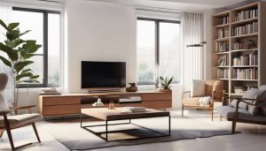 Een gezellige woonkamer met infrarood paneelverwarming, comfortabele meubels en een boekenplank.